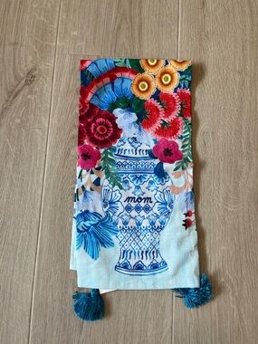 Anthropologie Blue Floral Vase Printed Towel with Tassels and “mom” embroidered